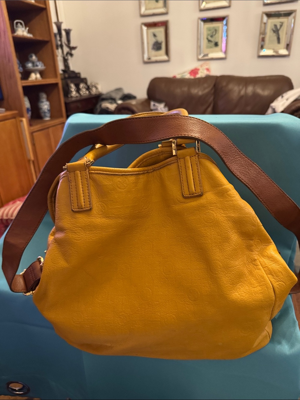 Tory Burch Mustard Yellow Leather Shoulder Bag with Brown Strap